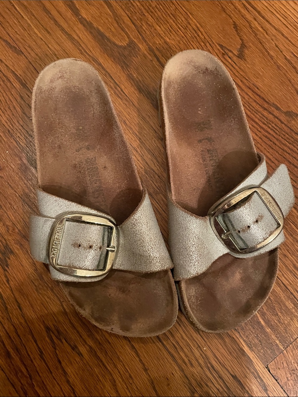 Birkenstock Madrid Big Buckle Metallic Silver Suede Sandals Size 37